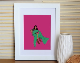 Indian Fashion Fusion Poster Print - Minimal, Green Saree / Sari, Diwali gift, Illustration, Giclee, Modern Wall Art