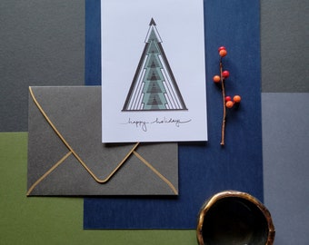 Modern Minimal Holiday 5"X7" Cards - Green & Black #1 - GREETING CARD  w/ Envelope Christmas Cards, Unique, Tree, Rustic, Happy Holidays