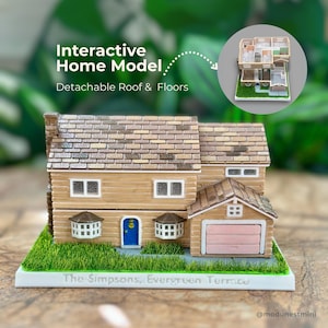 Handgemaakt miniatuur 3D Simpsons tiny house-model, gedetailleerde interieurindeling, plattegrond huis met 2 verdiepingen, afneembare daken, interactieve garage
