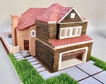 Hand-Painted Craftsman House Model, 1:144 Scale Miniature, Detailed Interior, Removable Roof