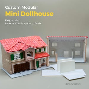 1:144 modern miniatuur poppenhuis – 3D-huismodel op maat, huisindeling met 2 verdiepingen en 8 kamers, dak met structuur, werkende garage