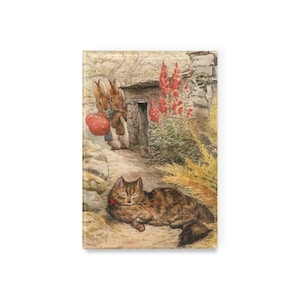 Puede incluir: Dos conejos marrones con chaquetas azules llevan una cesta roja y se alejan de un gato atigrado marrón dormido con ojos verdes. El gato está tumbado en un camino de tierra con flores rojas y plantas verdes en el fondo.