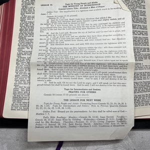 Puede incluir: Una Biblia abierta con una cinta morada como marcador, que muestra texto del Libro de Lucas y una lecci&oacute;n titulada "El Ministerio de la Intercesi&oacute;n". Las p&aacute;ginas est&aacute;n envejecidas, con texto y un plan de lecci&oacute;n visibles.
