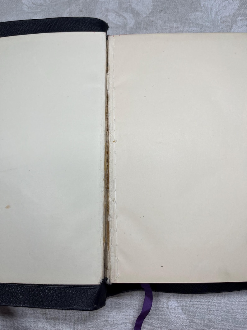 Puede incluir: Diario abierto con p&aacute;ginas color crema y una cubierta de cuero negro. La encuadernaci&oacute;n es visible, mostrando las p&aacute;ginas cosidas. Una cinta morada como marcador est&aacute; visible. El diario est&aacute; abierto, mostrando p&aacute;ginas en blanco listas para escribir o dibujar.