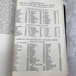 Puede incluir: Biblia abierta que muestra una lista de los libros del Antiguo y Nuevo Testamento, ordenados alfab&eacute;ticamente. Las p&aacute;ginas est&aacute;n amarillentas, con texto negro. El libro est&aacute; abierto en una p&aacute;gina con una lista de libros.