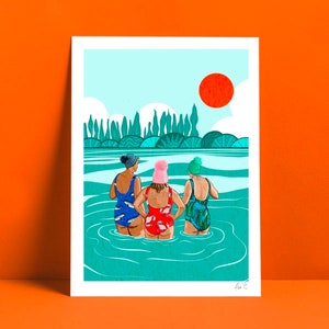Found My Tribe, Cold Water Swimming Art Print Lu Cornish, Wild Swim Sisterhood, Winter Sea Dip Bobble Hat, Outdoor Swimmer Gift Eco Friendly