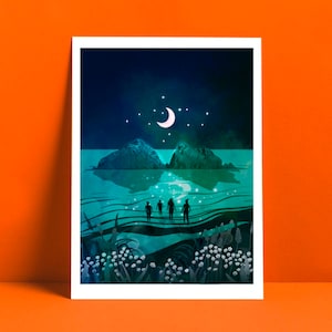 Holywell Moon Flock Art Print | Wild Swimming | Cold Water Swim Club | Skinny Dip Print | Sea Print | Moon Art | Cornwall Beach Giclee