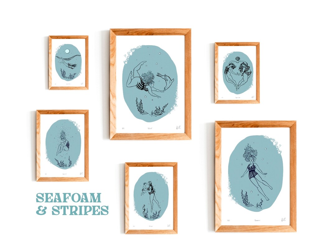 Seafoam & Stripes Wild Swimming Art Print Set | Cornish Gallery Wall - Etsy