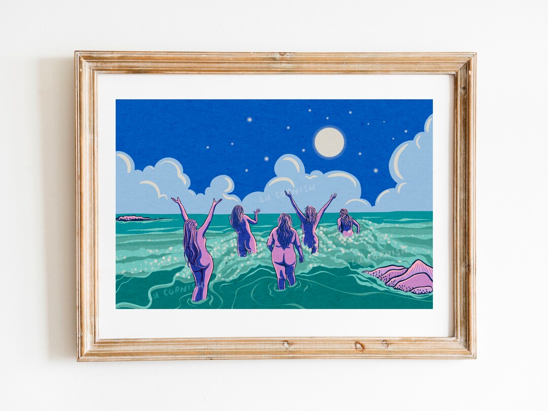 Wild Swimming Art Print, Lu Cornish, Moonlit Ocean Dip - Etsy