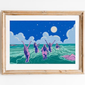 Untamed Wild Swimming Art Print By Lu Cornish, Skinny Dip Cold Water Dip Illustration, Open Water Full Moon Swim Tribe, Body Positive