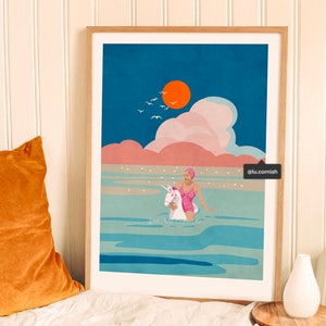 Retro Swimmer Art Print | Unicorn Float, Ocean Illustration
