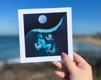 Selkie Soul Greetings Card | Wild Swimming | Cold Water Ocean Sisterhood | Cornwall Art | Moon Sea Witch