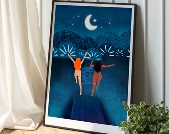 Wild Women Art Print | Wild Swimming Art | Cold Water Swim Club | Skinny Dip Print |  Sea Print | Moon Art