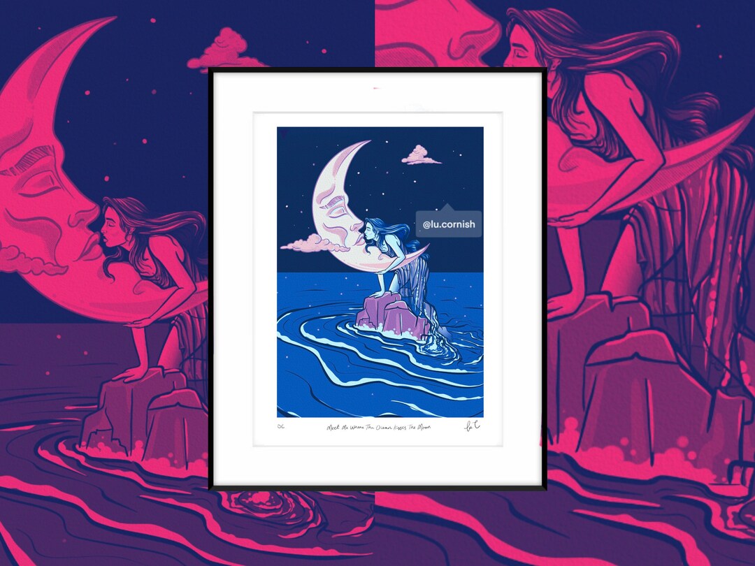 Moon and Ocean Art Print | Retro Celestial Cornish Decor - Etsy