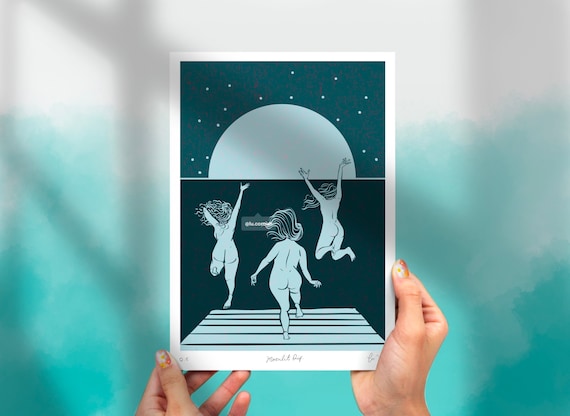Wild Swim Moonlit Dip Art Print Wild Swimming Art Cold - Etsy UK