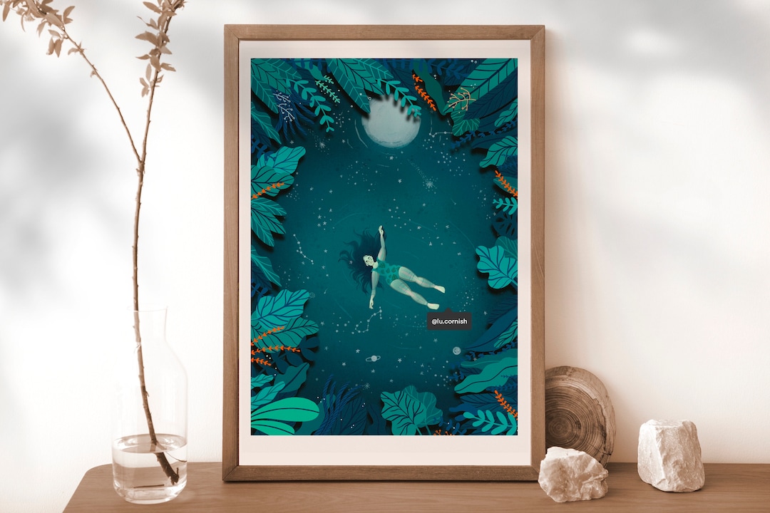 Moonlit Swim Wild Swimming Print, Full Moon Art Lu Cornish, Open Water ...