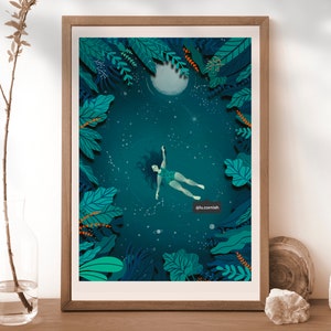 Moonlit Swim Art Print, Wild Swimming, Lu Cornish