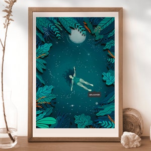 Moonlit Swim Wild Swimming Print, Full Moon Art Lu Cornish, Open Water Swimmer Gift, Stay Wild Ocean Child, In To The Ocean I Go, Sea Lake