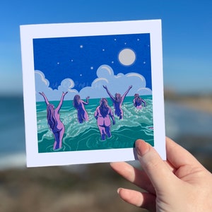 Untamed Greetins Card | Swim Wild | Skinny Dip Moonlit Friendship  | Cold Water Illustration | Handmade Lu Cornish