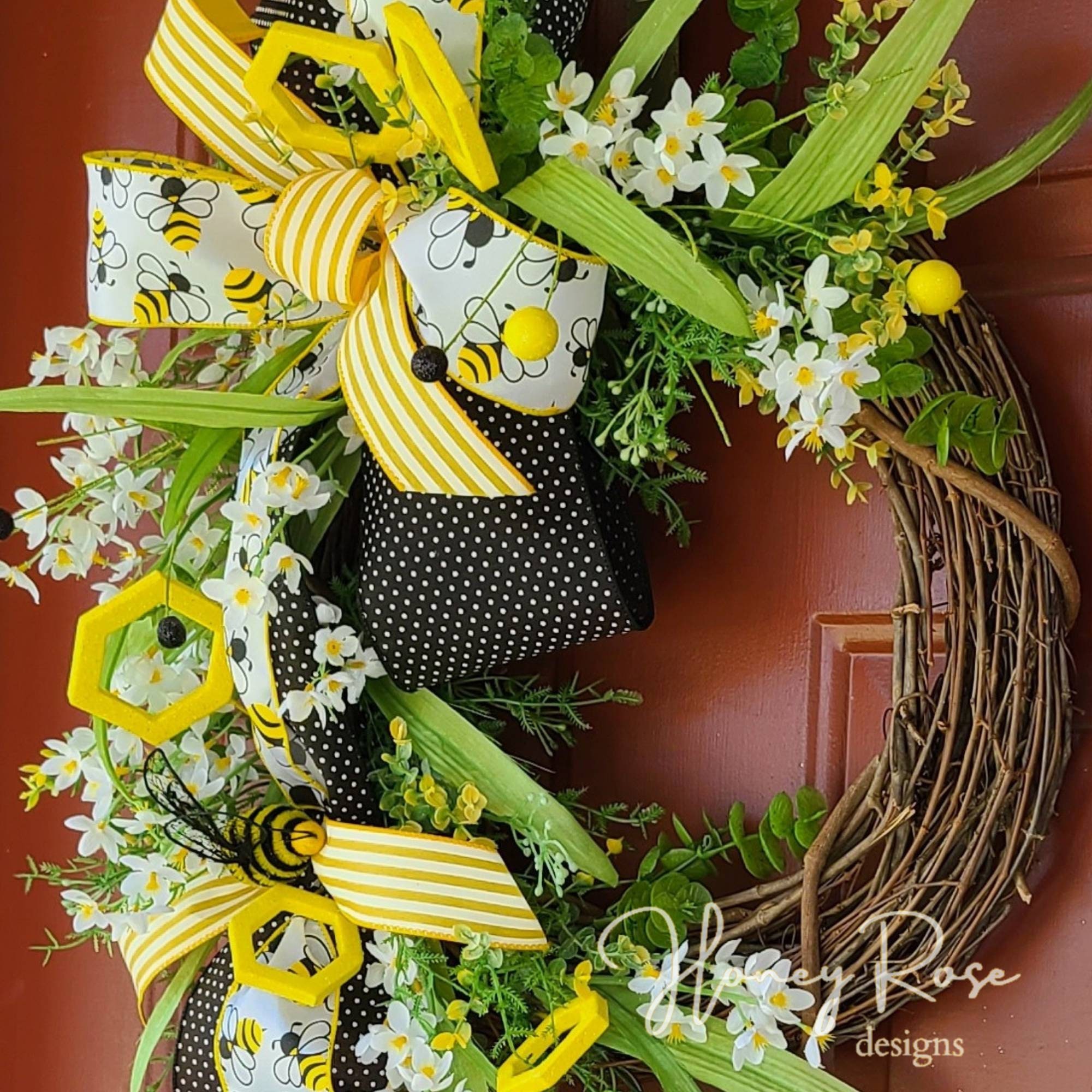 Honey Bee Spring Grapevine Wreath for Front Door With Flowers ...