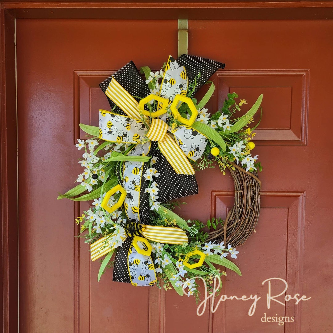Honey Bee Spring Grapevine Wreath for Front Door With Flowers ...