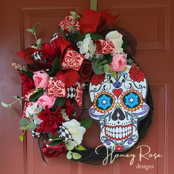 Sugar Skull Decor Wreath, Day of the Dead Glamorous Decor, Dia de los Muertos Front Door Hanger