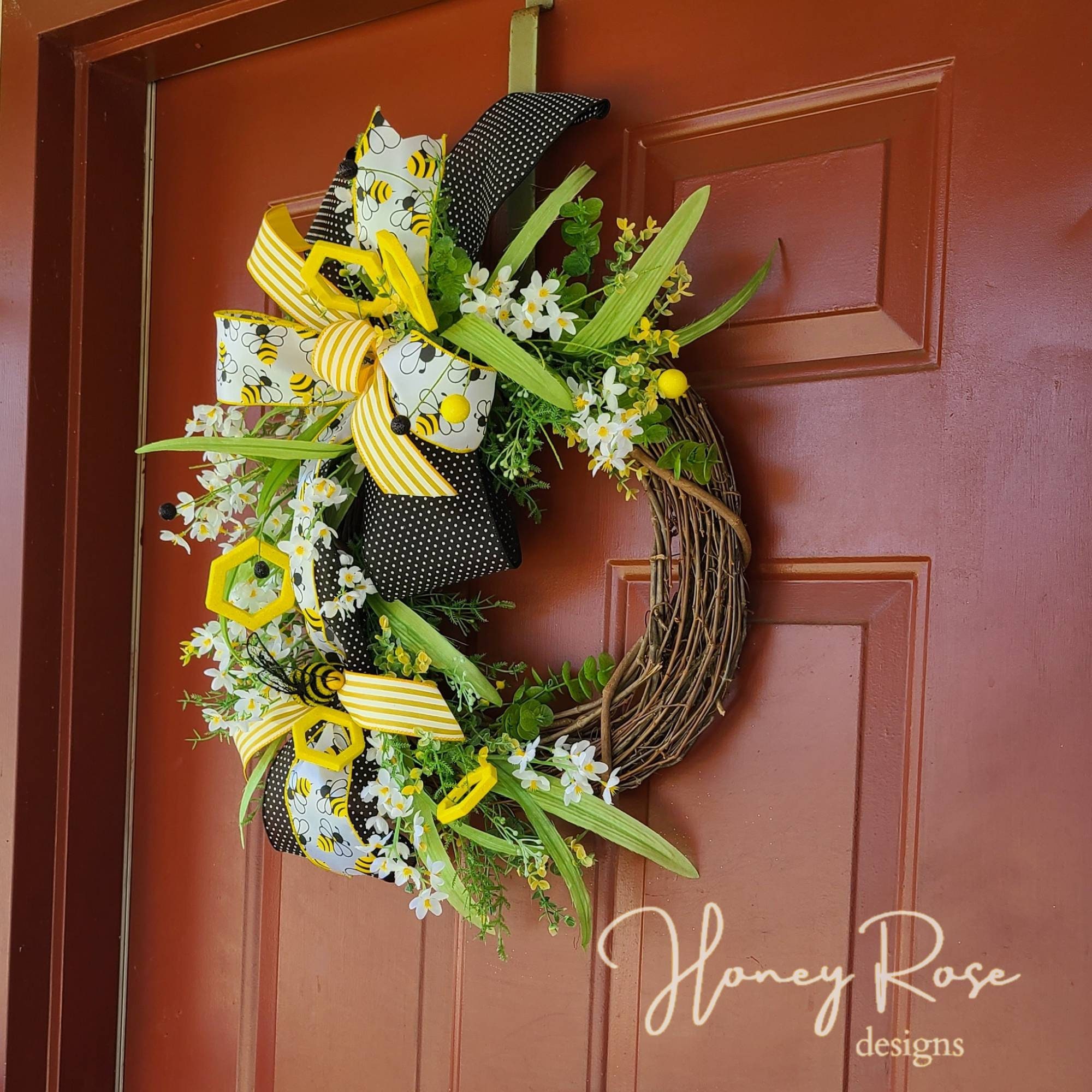 Honey Bee Spring Grapevine Wreath for Front Door With Flowers ...