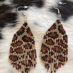 Handmade Beaded Earrings - Fringed Leopard