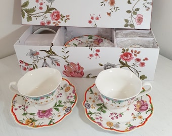 TEA CUP & SAUCER Gift Set, Cappuccino Cup, Handmade Teacup, Vintage Inspired Tea Set, Tea / Coffee Lover, Housewarming, English Tea Set of 6