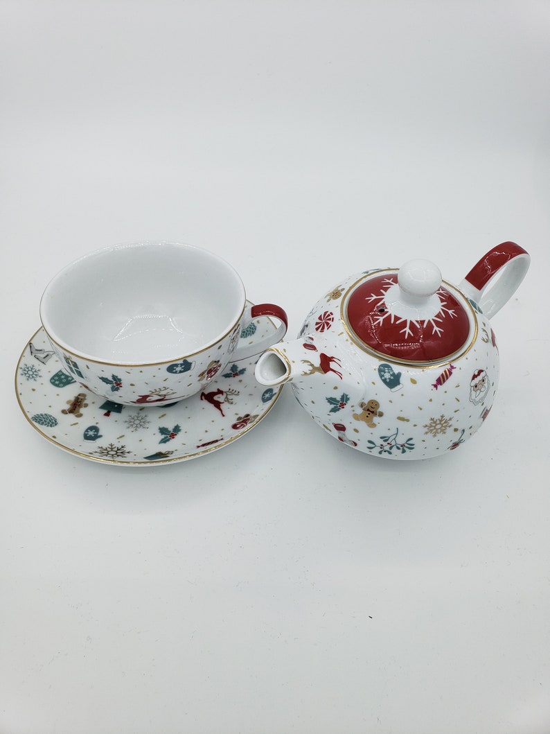 CHRISTMAS TEAPOT Tea Gift Set Tea for One Teapot & Cup Porcelain White Teapot Tea Lovers Gift Christmas Decor New Home Gift image 2