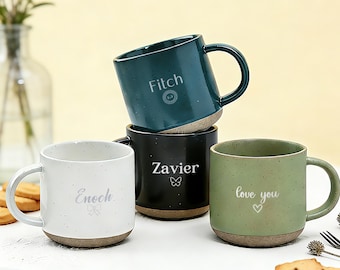 Personalized Engraved Pottery Mug, Ceramic Coffee Mug, Cute Mug with Text and Icon, Unique Custom Mug Gift, Gift for Tea/Coffee Lovers
