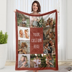 May include: A red fleece blanket with a collage of family photos. The photos are arranged in a grid pattern and include images of children, adults, and families. The text "YOUR CUSTOM HERE" is printed in the center of the blanket.