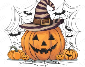 Toile d'araignée citrouille png, téléchargement de conception numérique, conception de citrouille mignonne, Halloween rétro, png, png, chauve-souris, sublimation