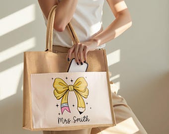 Personalized Teacher Tote Bag, Coquette Bow Bag with Name, Retro Teacher Appreciation Gift, Bag with Pencil Bow, Custom Teacher Bag Gift