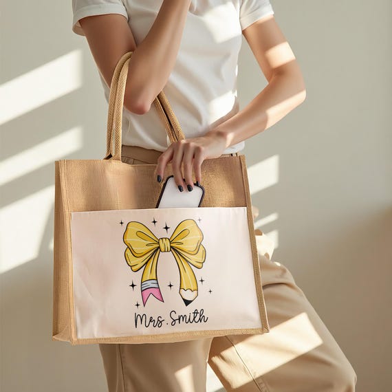 Personalized Teacher Tote Bag, Coquette Bow Bag with Name, Retro Teacher Appreciation Gift, Bag with Pencil Bow, Custom Teacher Bag Gift