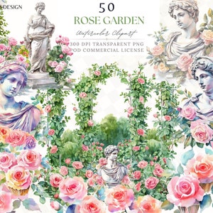Rosengarten römische Statue Aquarell Clipart, Englischer Rosengarten Bogen, Landschaftsszene, Hochzeitseinladung, kommerzielle Lizenz PNG