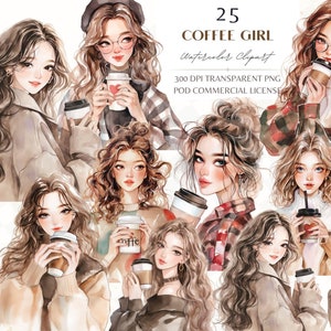 Chica de café PNG, Amante del café femenino, Acogedora chica de otoño en acuarela, Pegatina decorativa para planificador de esa chica, Sublimación de otoño PNG