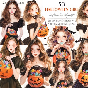 トリック・オア・トリート ハロウィーン ガール 水彩画 クリップアート、キャンディバケツ、ハロウィーン ファッション、ガーリー デジタル プランナー ステッカー、昇華クリップアート PNG