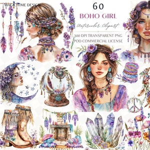 Boho Girl Clipart Bundle, magischer Lavendel Boho, Boho Hippie Camp, Ästhetische Aquarellkunst - Sublimation, kommerzielle Nutzung