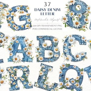 Daisy Denim Alphabet Number Clipart Bundle, Aquarela Daisy Blue Denim Letter, Licença Comercial Clipart