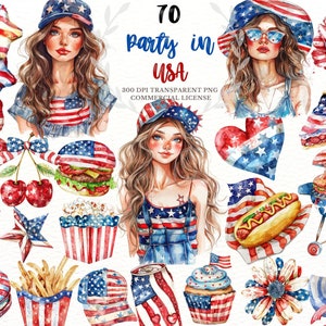4. Juli Mädchen Clipart, Rot Weiß Blau Blau USA HotDog Grilltag, rot weiß blau Blau Glitter, Aquarell Clipart, Digitaler Aufkleber