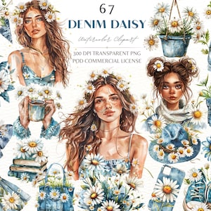 Cozy Blue Denim en Daisy Girl clipartbundel, Daisy Girl Digital Junk Journal sticker, Blue Denim POD sublimatie clipartbundel