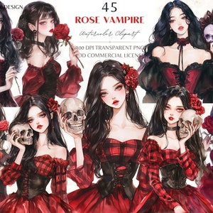 Clipart acquerello di ragazza vampiro con rosa gotica, ragazza teschio, moda gotica di Halloween, adesivo per planner digitale femminile, clipart a sublimazione PNG