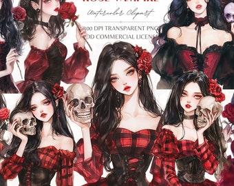 Gothic Rose Vampire Girl Watercolor Clipart,Skull Girl,Gothic Halloween Fashion,Girly Digital Planner Sticker,Sublimation Clipart PNG