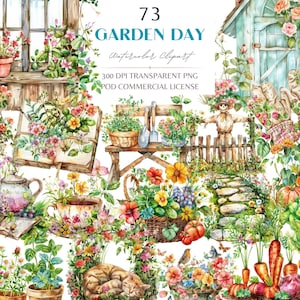 Jardim de casa de campo, clipart de jardim de flores de primavera em aquarela, livro de plantas florais e chá, licença comercial botânica POD PNG