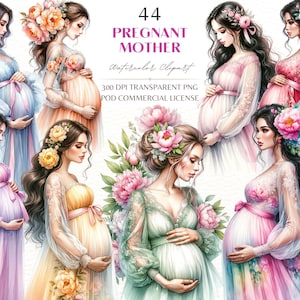 Clipart aquarelle femme enceinte, future maman, baby shower, nouveau-né, amour maternel, fleurs pivoine maman, licence commerciale PNG