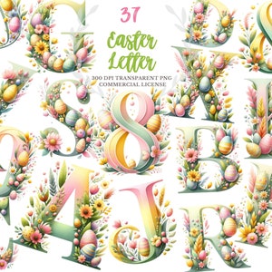 Letras y números del alfabeto de huevos de Pascua florales, vegetación de acuarela, paquete de imágenes prediseñadas de letras de flores silvestres botánicas, licencia comercial POD PNG