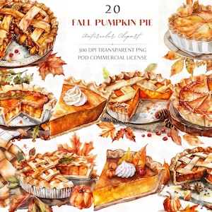 Clipart PNG de torta de abóbora de outono em aquarela definido para decoração de outono, ação de graças e Halloween PNG