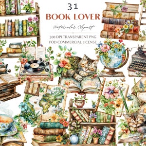 May include: A watercolor illustration of a book lover's theme with a variety of elements, including books, a globe, a typewriter, a cat, and flowers. The illustration is in a vintage style and features a warm color palette.