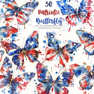 Mariposa de acuarela, paquete de imágenes prediseñadas del 4 de julio de EE. UU., imágenes prediseñadas de acuarela de mariposa patriótica, sublimación blanca roja azul, decoración de tarjetas PNG
